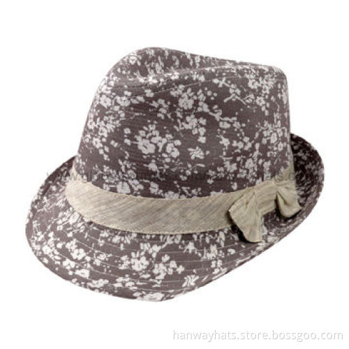 Lady's Floral Print All-over Summer Fedora Hats with Stripe Hat Band and Bow Trim